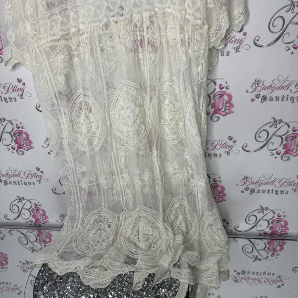 Cardigan Bohemian Lace Kimono Cardigan - White cream tie up ribbon belt ONESIZE - Picture 5 of 11